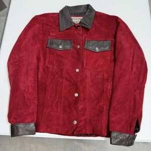 Vintage Barcelona Suede Jacket Womens M Red Leather Trim Western Snap Front